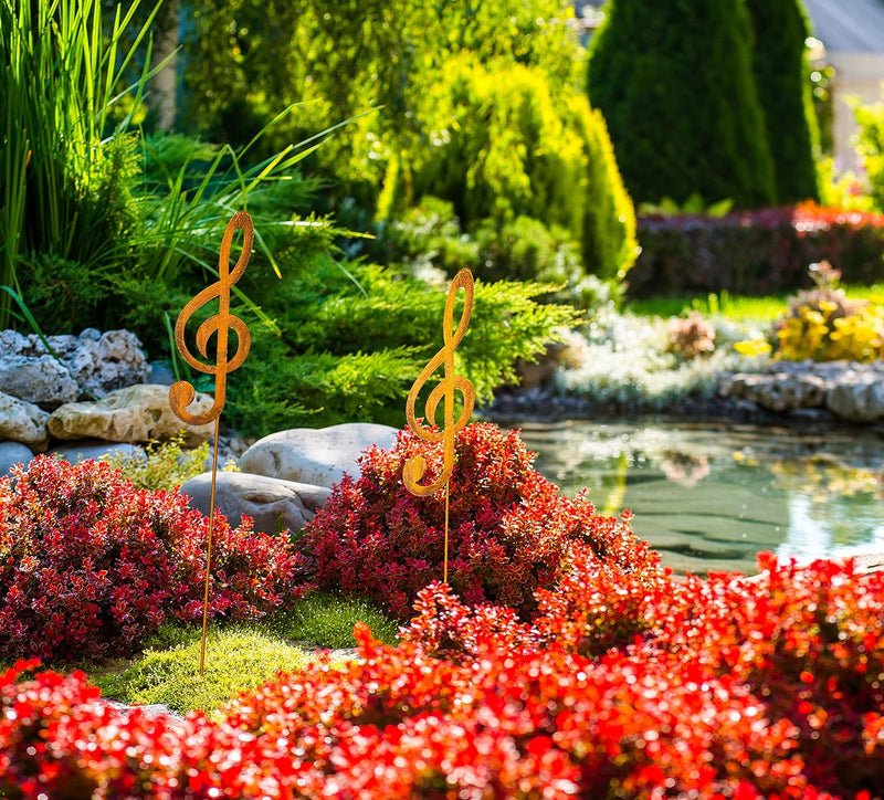 Blümelhuber 2 Kleine Notenschlüssel Gartenstecker - Rost Deko Figur für den Garten, den Balkon oder