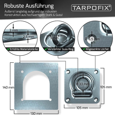 Tarpofix® Anhänger Zurrösen mit Gegenplatten inkl. Schrauben (6 Stück) - Robuste Zurrmulden mit eine