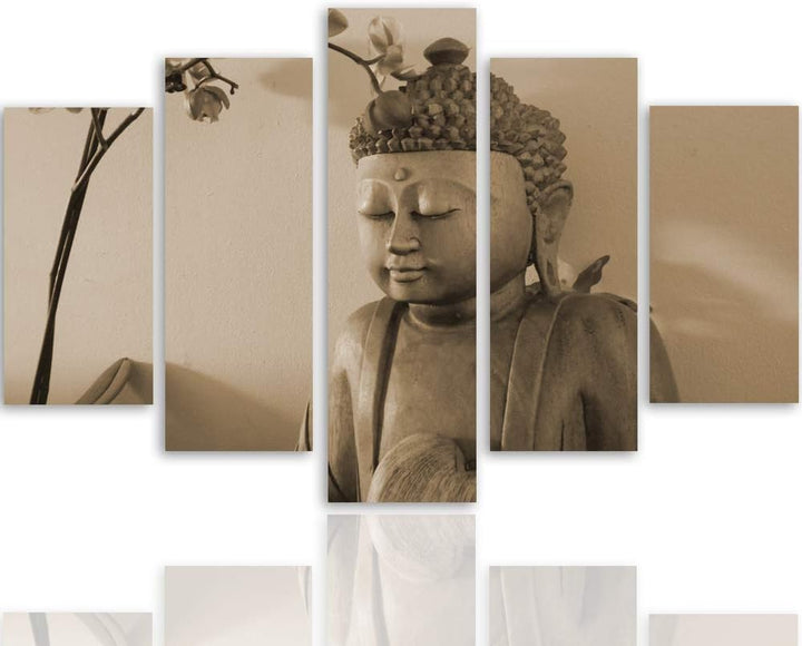 Wandbild XXL 5 Teilig Buddha Leinwandbild Figur Blumen Zen Spa Sepia 300x140 cm Leinwandbild 300x140