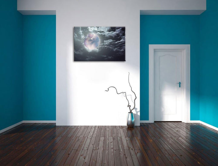 Vollmond unter Sternen und Wolken schwarz/weiss Format: 100x70 auf Leinwand, XXL riesige Bilder fert