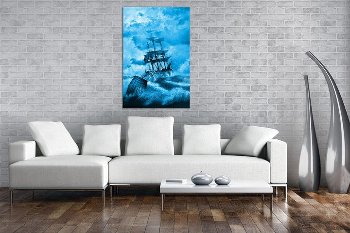 deyoli Schiff bei stürmischen Wetter in Seenot Format 80x60 Effekt: Monocrome Blau als Leinwandbild,