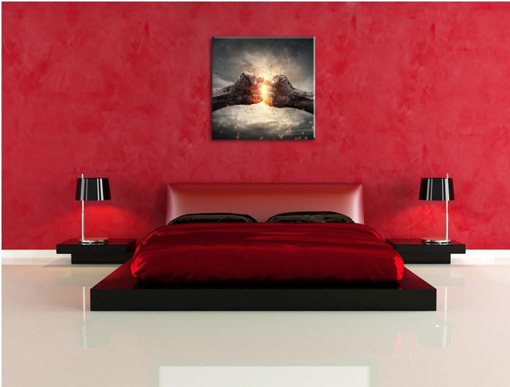 Pixxprint Fäuste treffen Sich mit Energie, Format: 70x70 auf Leinwand, 70x70