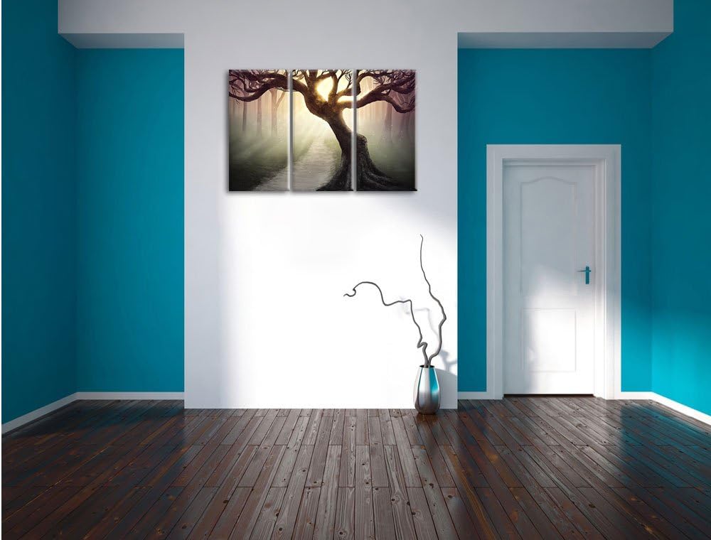 Pixxprint Baum am Waldweg als Leinwandbild/Grösse: 3 Teilig (120x80) cm/Wandbild/Kunstdruck/fertig b