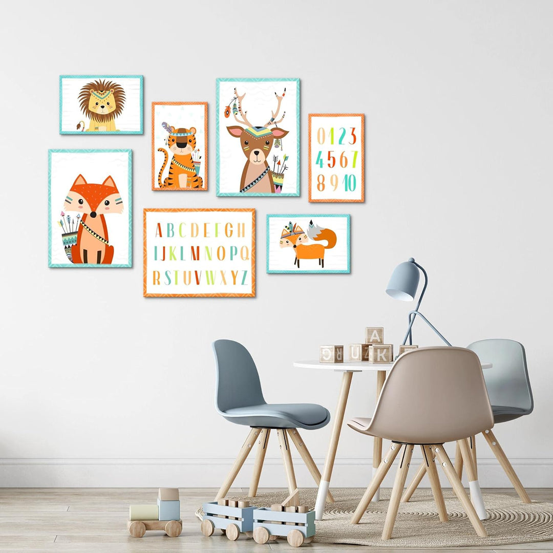 Novart Wandbilder Tiere - KOMPLETT AUFHÄNGFERTIG - Indianer Kinderzimmer Mädchen Junge- 7 Moderne Mo