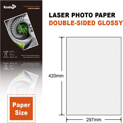 KOALA Fotopapier für Laserdrucker, Doppelseitig, Glänzend, A3, 250 g/m², 100 Blatt. Geeignet zum Dru