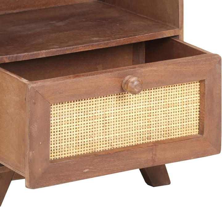 Tidyard Nachttisch Nachtschrank Kommode mit Schublade und Regal Massives Mangoholz & Naturgeflecht 4