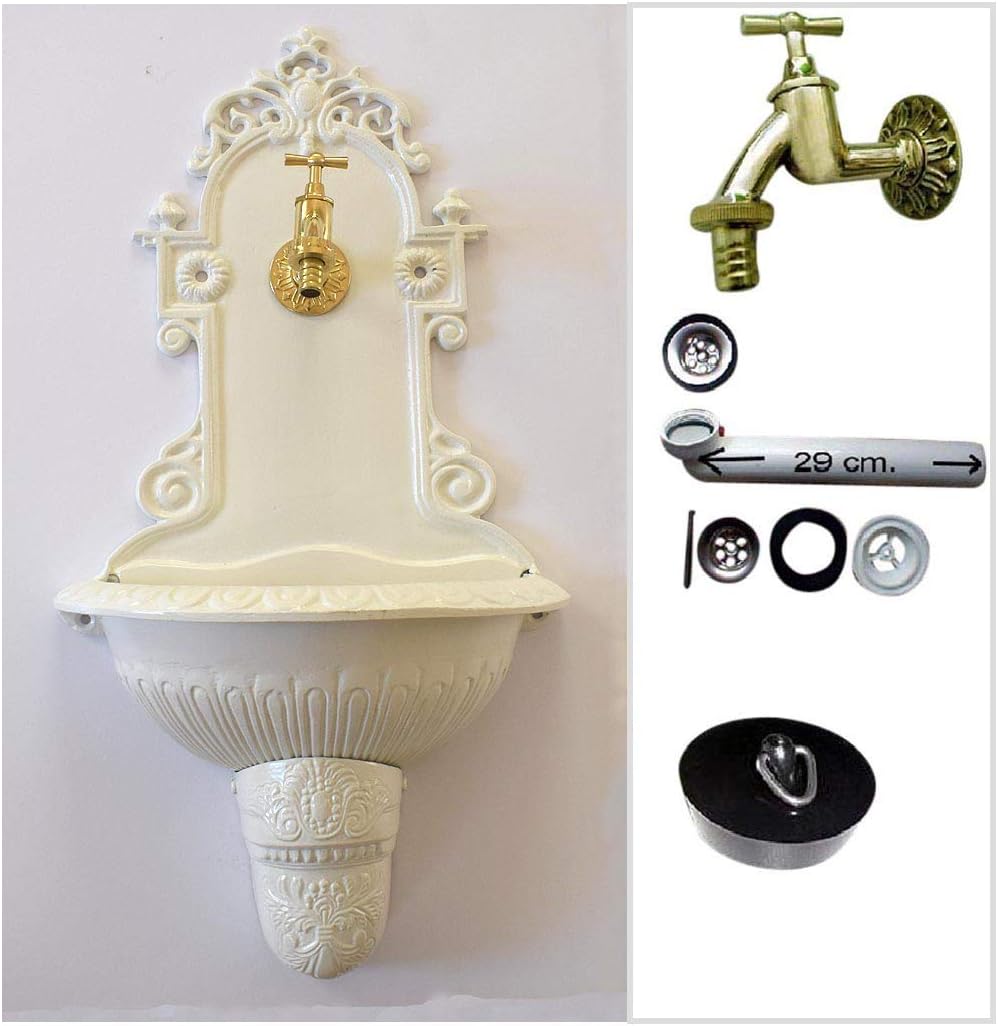 Wandbrunnen Graf von Gerlitzen Blumenampel Alu Bassena Wand Brunnen Kran Ablauf Weiss Wasser Zapfste