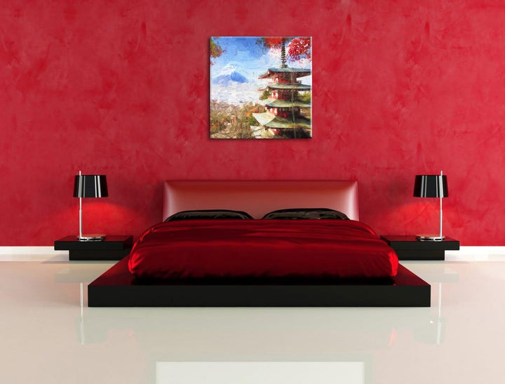 Pixxprint Japanischer Tempel im Herbst Pinsel Effekt, Format: 70x70 auf Leinwand, 70x70