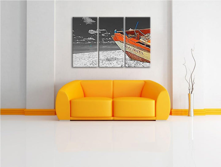 beeindruckendes Boot am Strand schwarz/weiss Deluxe 3-Teiler Leinwandbild 120x80 Bild auf Leinwand,