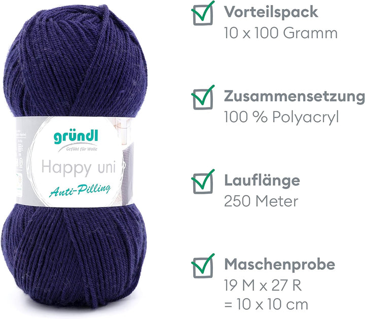 Gründl Happy uni (Strick- und Häkelgarn mit wollartigem Charakter aus 100 % Polyacryl, Anti-Pilling,