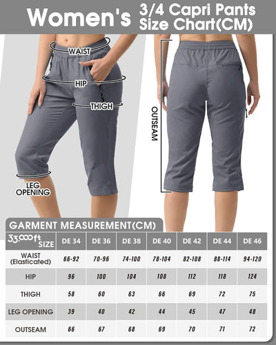 33,000ft Damen 3/4 Hose Capri Wanderhose Stretch Leichte Radhose Taschen Sommer Outdoor Golf Hose 42