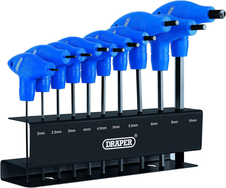 Draper 33869 Metrischer T-Griff Sechskant-Inbusschlüssel-Werkzeugsatz mit Gestell, 10 Stück 1 Blau,