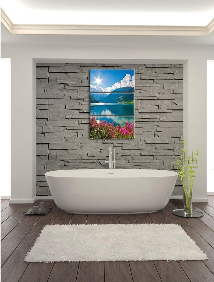 Pixxprint Blumenwiese See als Leinwandbild - Grösse: 3-Teilig (120x80cm) - Wandbild - Kunstdruck - f