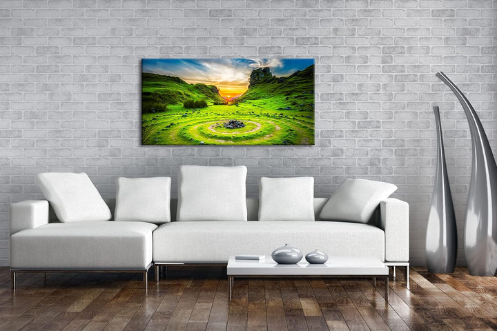 Steinkreise in Schottland Panorama 60x30 cm als Leinwandbild, Motiv fertig gerahmt auf Echtholzrahme