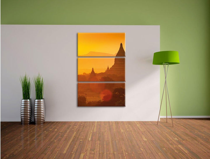 Pixxprint Buddha Tempel im Sonnenuntergang 3-Teiler Leinwandbild 120x80 Bild auf Leinwand