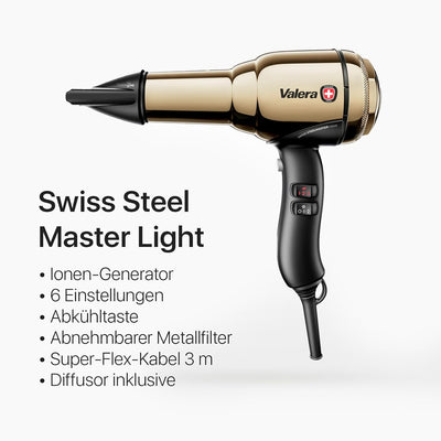 Valera, Swiss Steel Master Light, professioneller Haartrockner aus goldfarbenem Stahl, leichter Föhn