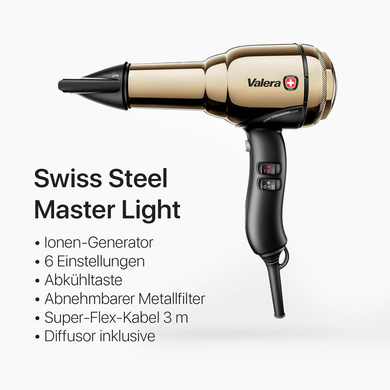 Valera, Swiss Steel Master Light, professioneller Haartrockner aus goldfarbenem Stahl, leichter Föhn