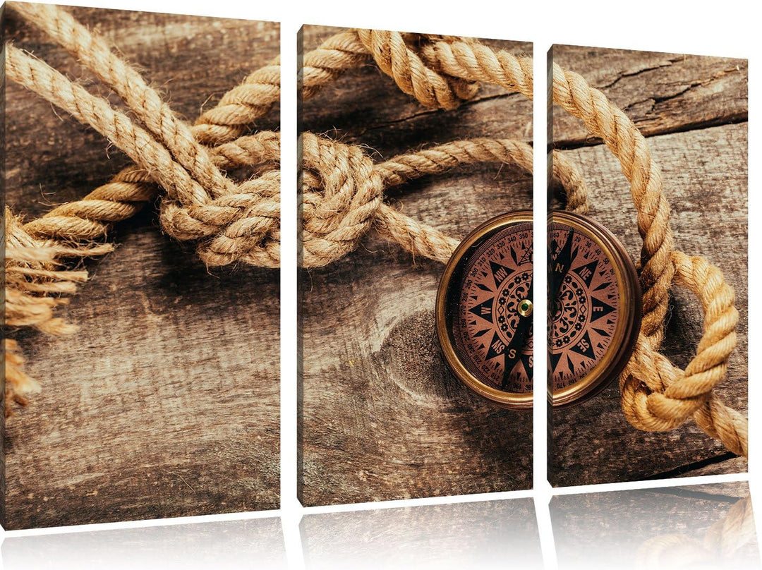 Pixxprint Schiffseil und Kompass auf Holzuntergrund 3-Teiler Leinwandbild 120x80 Bild auf Leinwand