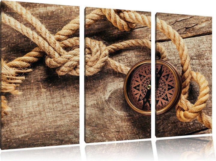 Pixxprint Schiffseil und Kompass auf Holzuntergrund 3-Teiler Leinwandbild 120x80 Bild auf Leinwand