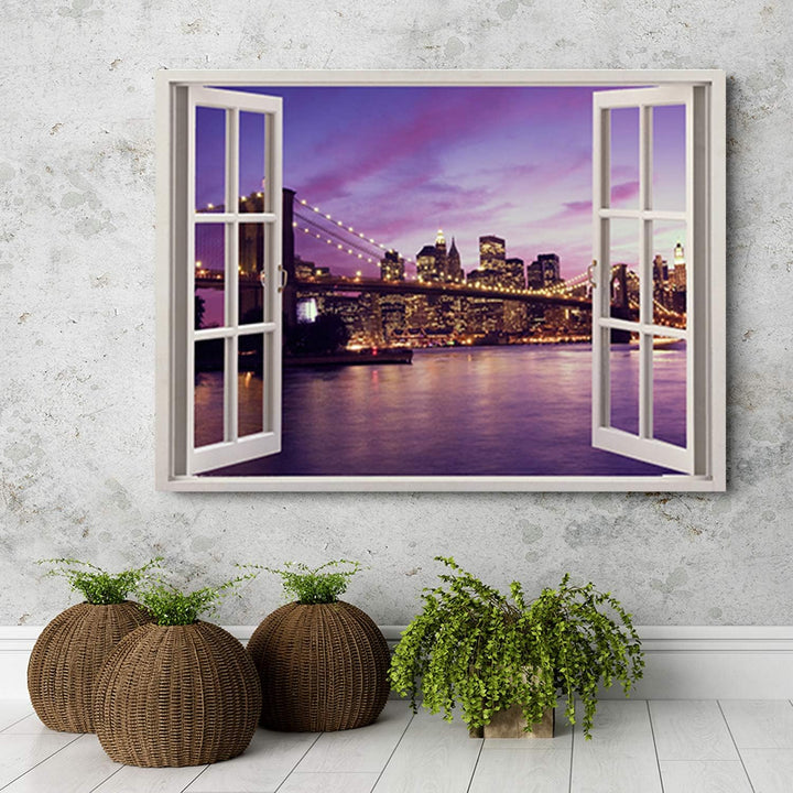Leinwandbild XXL Brooklyn Bridge Wandbild Kunst 3D Illusion Violett 120x80 cm Leinwandbild 120x80 cm