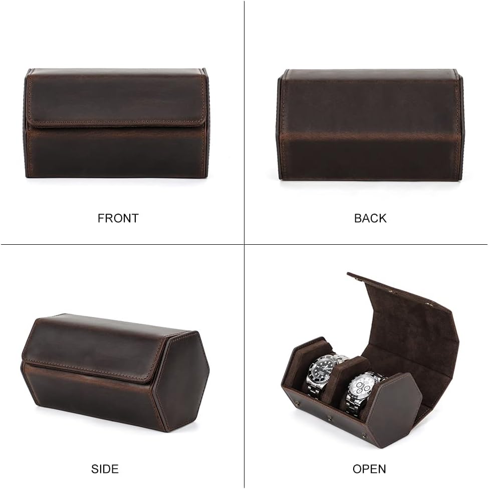 Hiram Uhrenetui aus echtem Leder, sechseckig, für 2 Uhren 1154-Kaffee, 1154-Kaffee