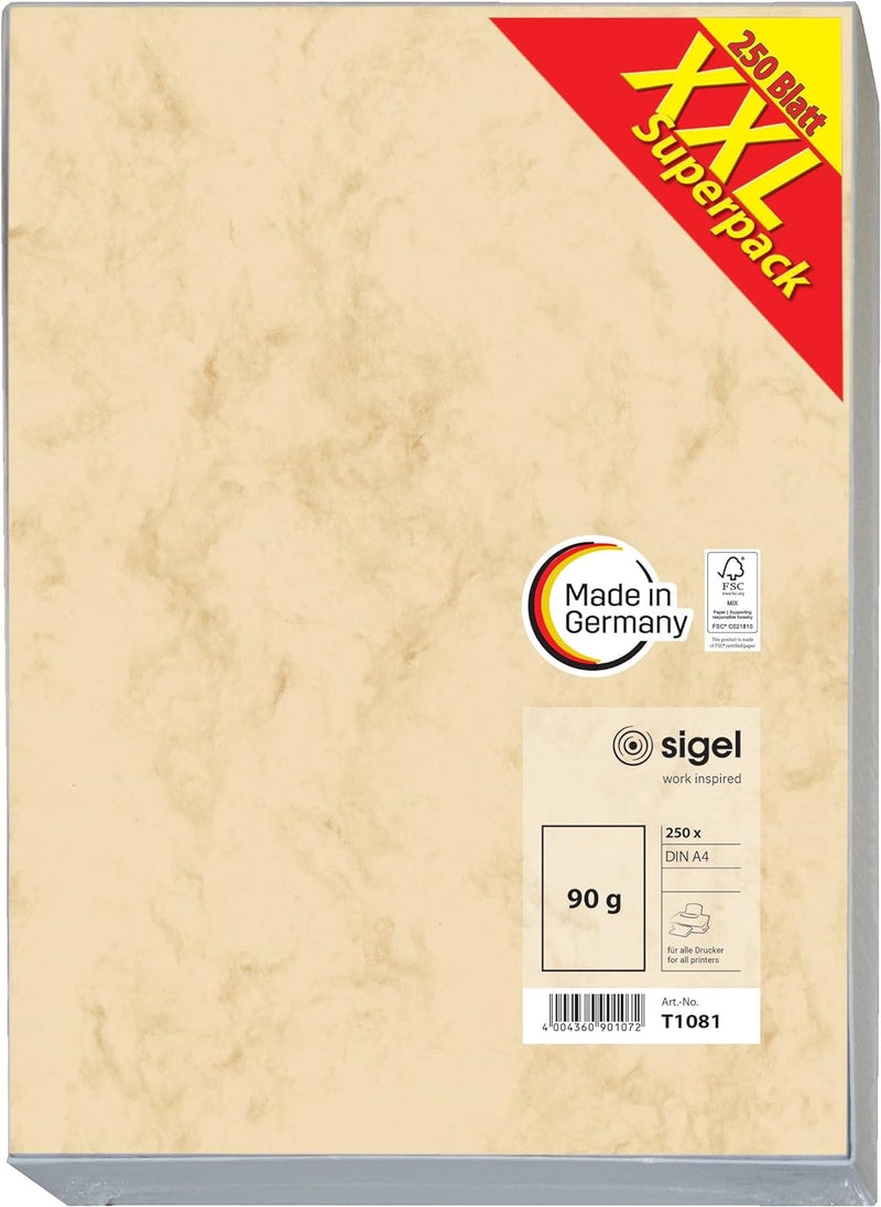 SIGEL T1081 Hochwertiges Marmor-Papier A4 beige (250 Blatt, 90 g) beidseitig marmoriert, Briefpapier