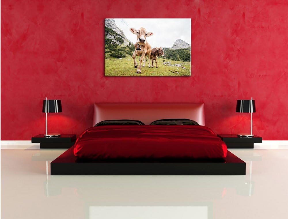 Almkuh auf der Weide, Format: 100x70 auf Leinwand, XXL riesige Bilder fertig gerahmt mit Keilrahmen,