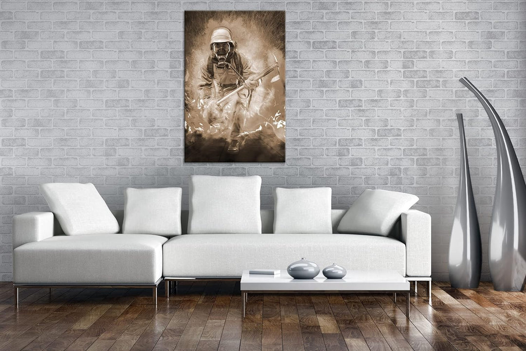 deyoli Feuerwehrmann im Einsatz Format: 120x80 Effekt: Sepia als Leinwandbild, Motiv fertig gerahmt