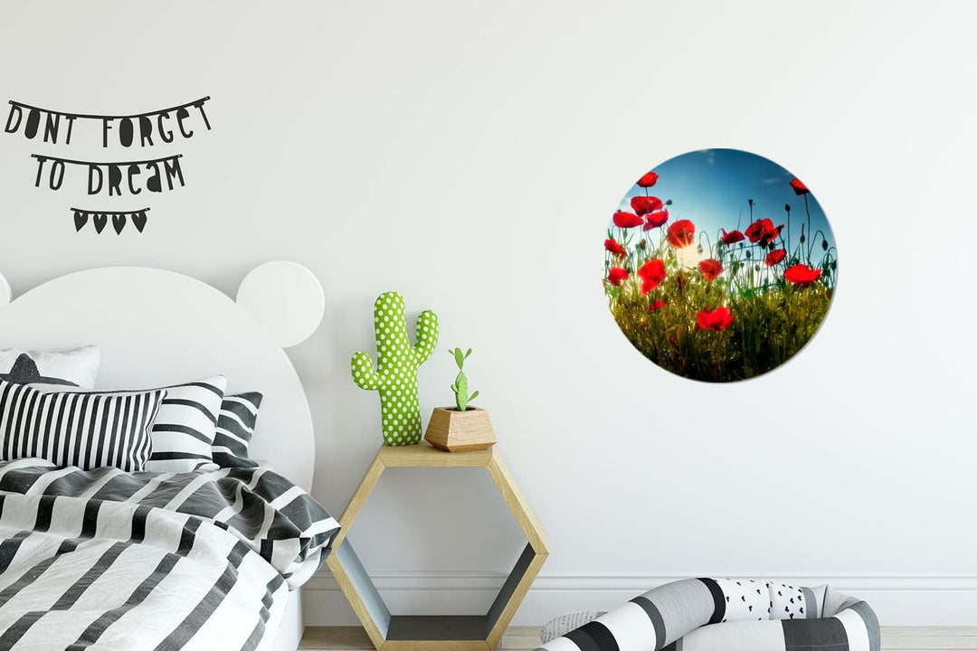 MuchoWow Wandbild Rund Wanddeko Deko Wohnzimmer Bilder 30x30 cm Mohnblumen - Toskana - Sonne - Rot -