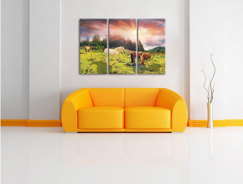 Pixxprint Mustangs Pferde auf den Bergen als Leinwandbild/Grösse: 3 Teilig (120x80 cm) cm/Wandbild/K