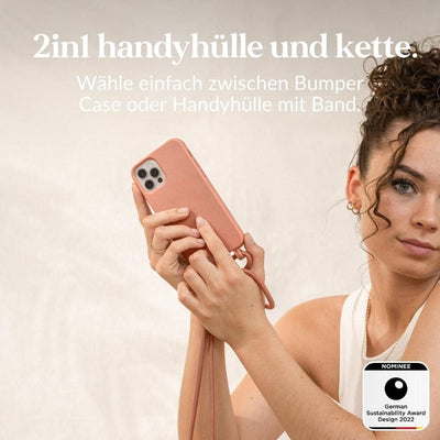 Woodcessories - Nachhaltige Handykette abnehmbar kompatibel mit iPhone 12 Hülle mit Band apricot, iP