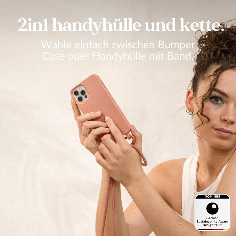 Woodcessories - Nachhaltige Handykette abnehmbar kompatibel mit iPhone 12 Hülle mit Band apricot, iP