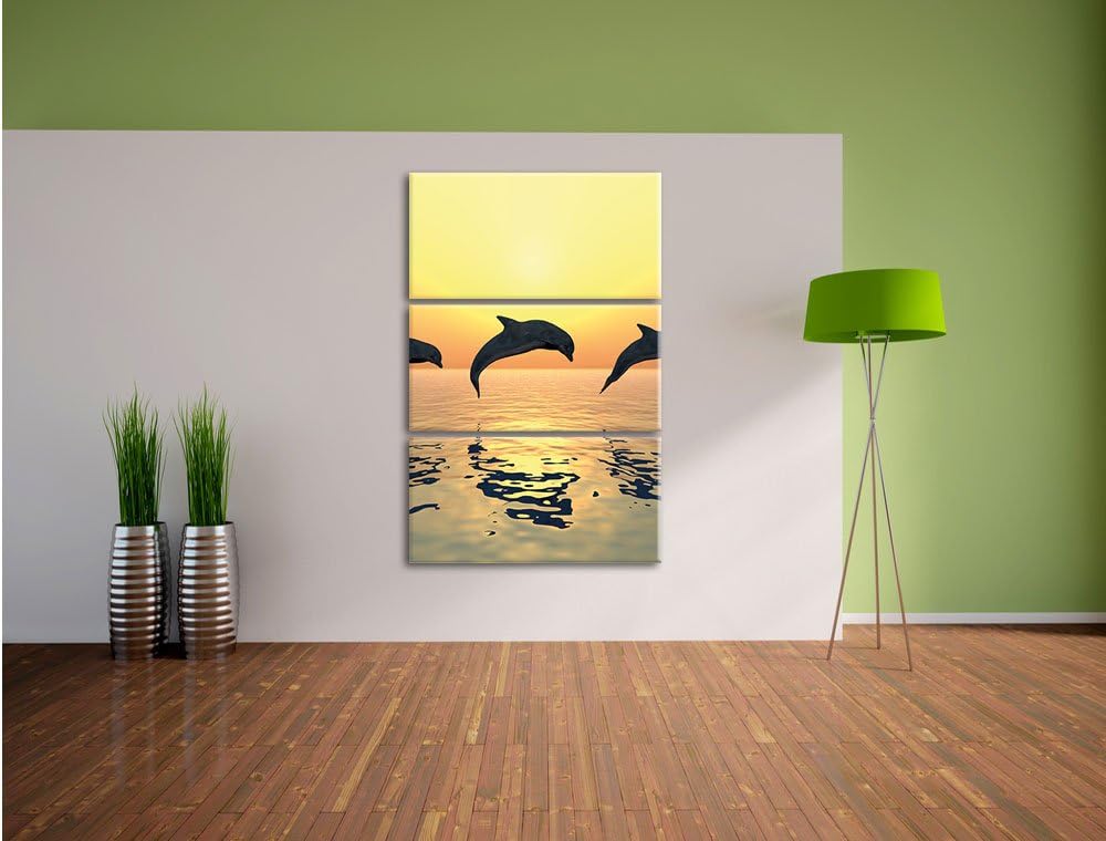 Pixxprint springende Delfine im Sonnenuntergang 3-Teiler Leinwandbild 120x80 Bild auf Leinwand