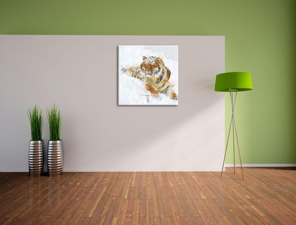 Pixxprint Amur Tiger im Schnee als Leinwandbild | Grösse: 70x70 cm | Wandbild | Kunstdruck | fertig