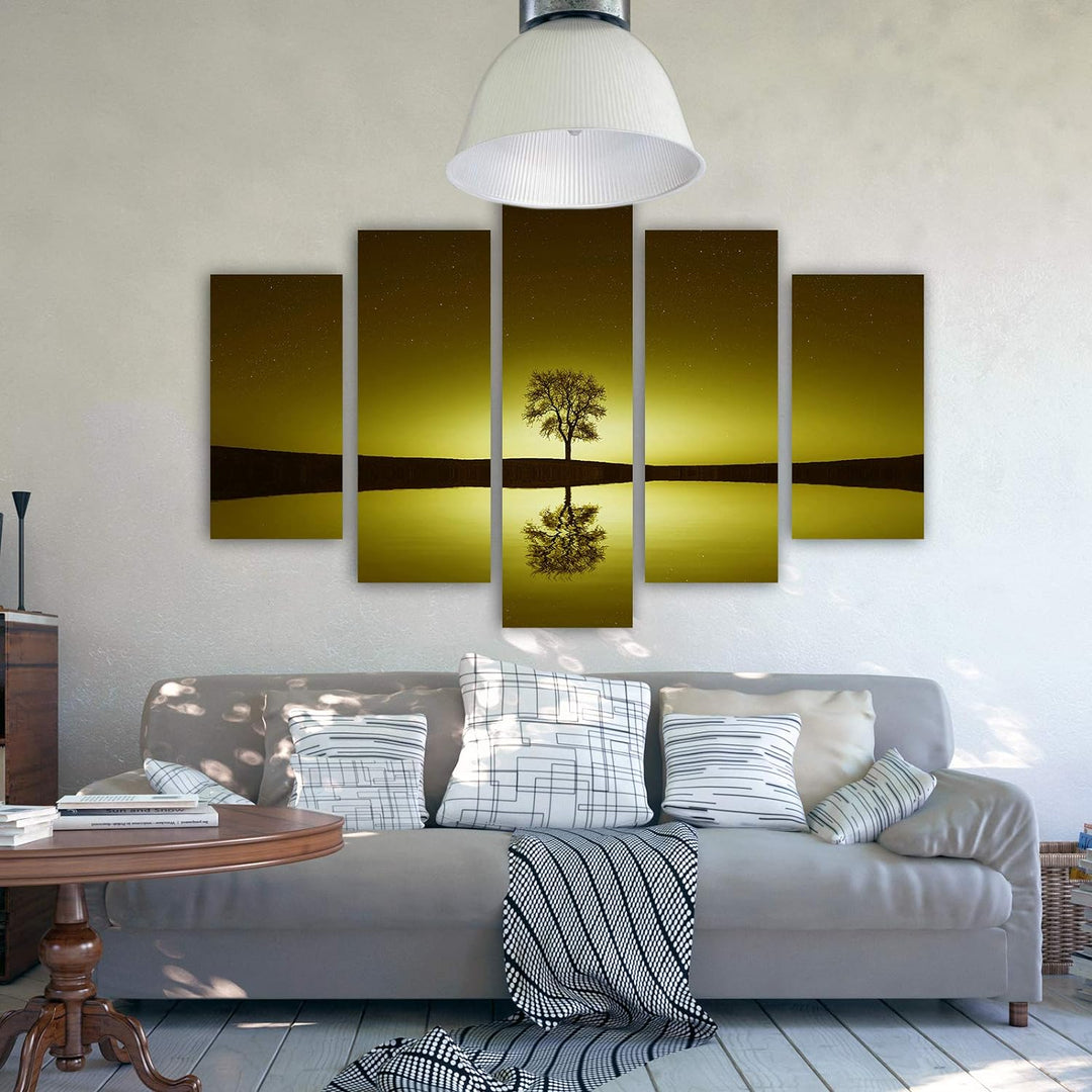 Feeby Bilder Baum 300x140 cm - Leinwandbild 5 Teilig XXL Kunstdruck Abstrakt Wasser gelb Leinwandbil