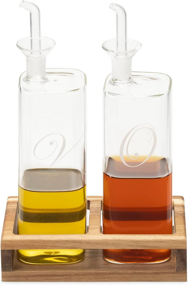 Navaris 2er Set Öl- und Essigspender aus Glas mit Holzständer - Ölflasche für Olivenöl Balsamico - 2