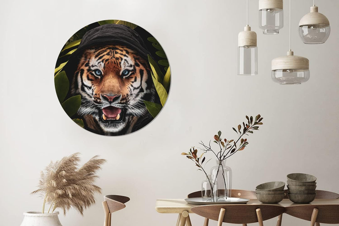 MuchoWow Wandbild Rund Wanddeko Deko Wohnzimmer Bilder 90x90 cm Tiger - Dschungel - Blätter, 90x90 c