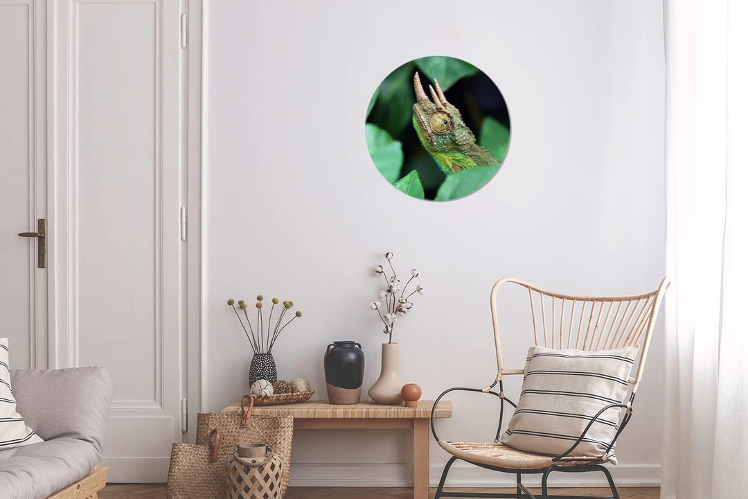 MuchoWow Wandbild Rund Wanddeko Deko Wohnzimmer Bilder 30x30 cm Verstecktes Chamäleon zwischen den B