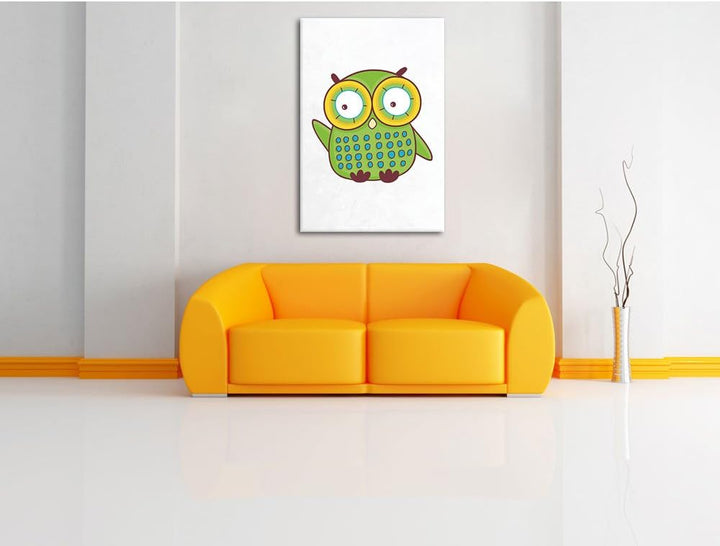 Pixxprint Lustige grüne Eule winkend weiss, Format: 70x100 auf hochkantiges Leinwandbild, XXL riesig