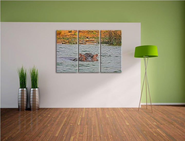 schwimmendes Flusspferd NewArt 3-Teiler Leinwandbild 120x80 Bild auf Leinwand, XXL riesige Bilder fe