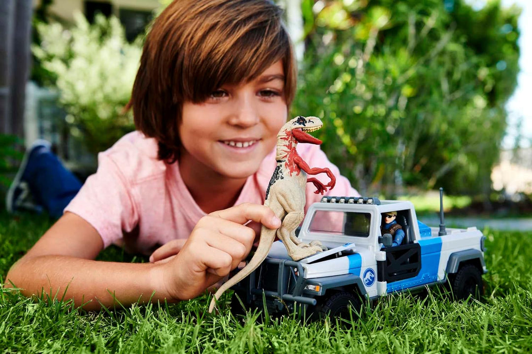 Jurassic World Truck Set Atrociraptor Dinosaurier & Menschliche Figur Filmfahrzeug mit Destruct Smas