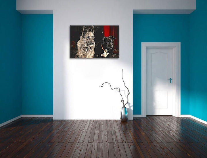 zwei Hunde auf dem Teppich Deluxe Format: 100x70 cm auf Leinwand, XXL riesige Bilder fertig gerahmt