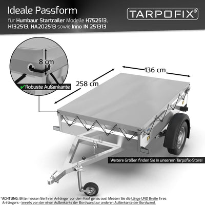 Tarpofix® Anhängerplane Flachplane 258x136x8 cm + 2x Planenbügel (verstellbar 100-145 cm) - randvers