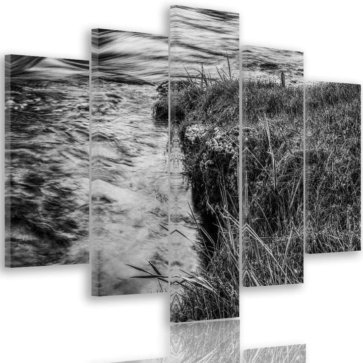 Feeby Bild auf Leinwand Natur 5 Teilig Modern Wasser Gras Schwarzweiss 150x100 cm Leinwandbild 150x1