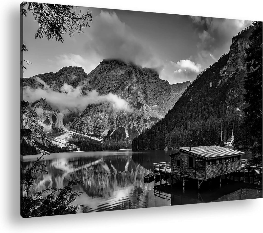 deyoli idyllischer Ort am Pragser Wildsee Effekt: Schwarz&Weiss,Format: 80x60 als Leinwandbild, Moti