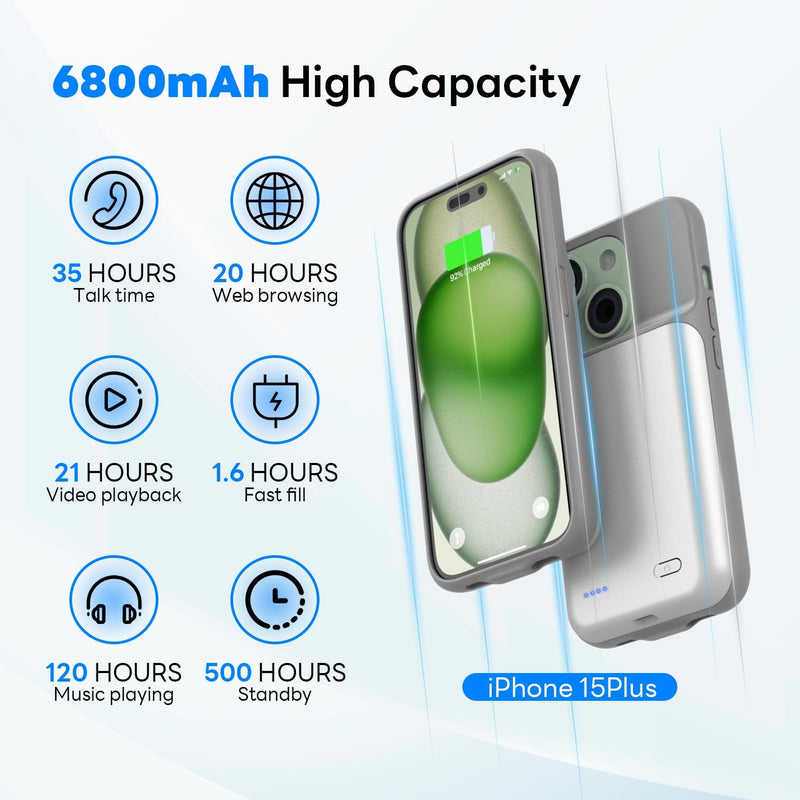 Akku Hülle für iPhone 15 Plus, 6800mAh Slim Tragbare Handyhülle Akku, wiederaufladbare Powerbank Ext