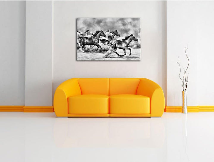 Pixxprint Western Pferde in Wüste / 100x70cm Leinwandbild bespannt auf Holzrahmen/Wandbild Kunstdruc