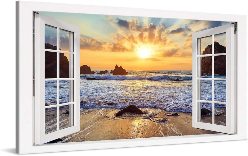 PICANOVA – Bild auf Leinwand Felsiger Strand Sonnenuntergang Fenster 100x50cm – Leinwandbild – Premi