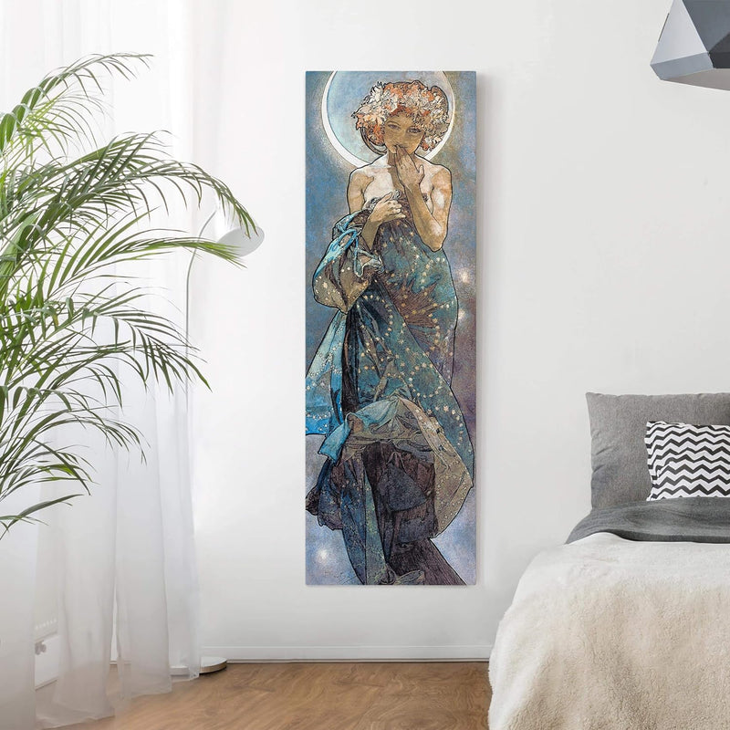 Bilderwelten Leinwandbild - Alfons Mucha - Sterne - Der Mond - Panorama Hochformat 90 x 30 cm 90cm x