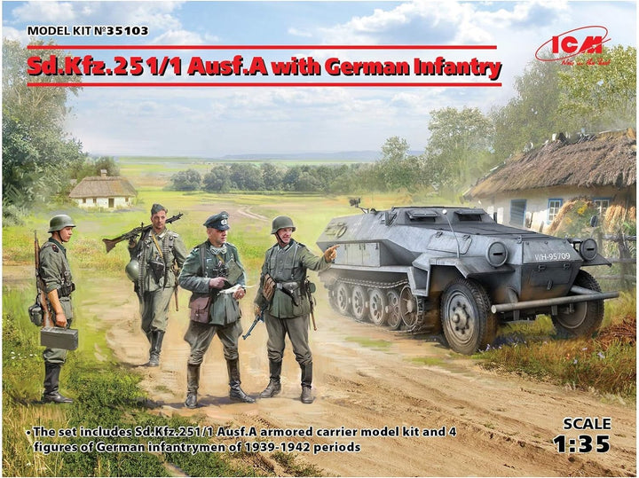ICM 35103 Sd.Kfz.251/1 AUSF.A with German Infantry Modellbausatz, grau, Mittel